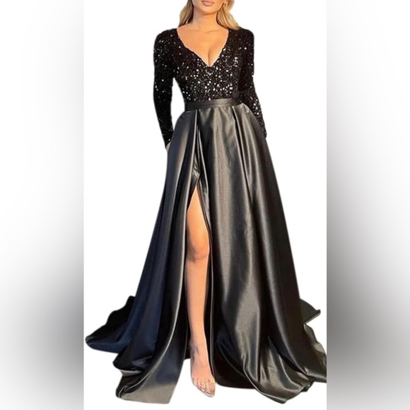 Plus Size V Neck High Slit Black Prom Dress main image 0